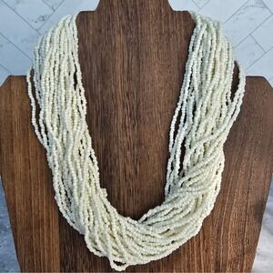 Ecru White Multi Strand Seed Bead Statement Necklace Silver Tone Clasp 15 In